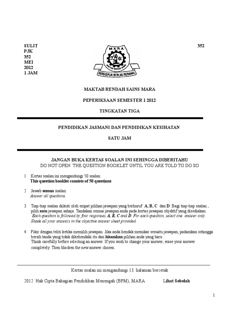 Soalan Peperiksaan PJPK Tingkatan 3 | PDF