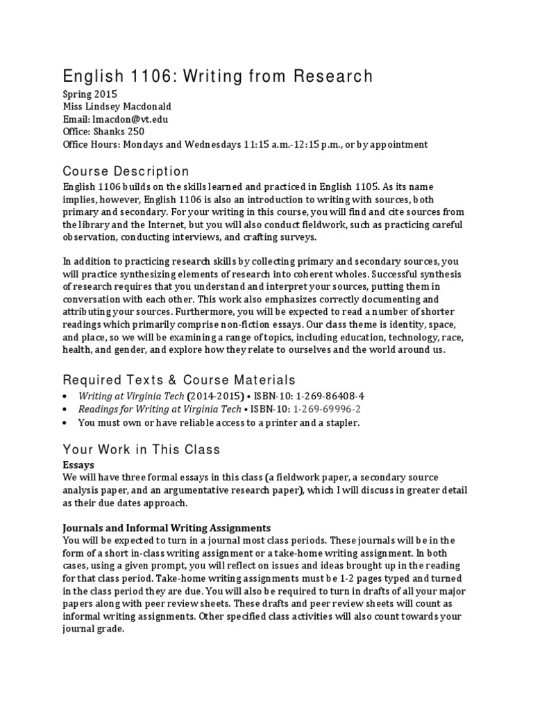 Virginia Tech ENGL 1106 Writing From Research, Spring 2015 PDF Essays Field Research