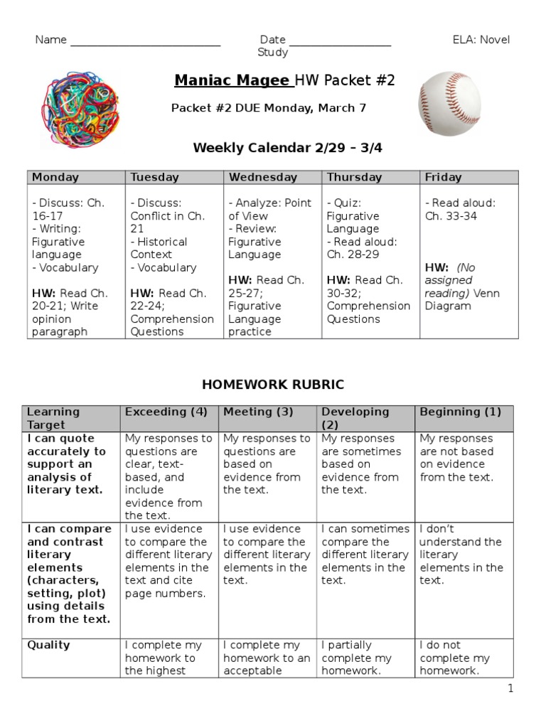 Maniac Magee HW Packet #2 | Reading Comprehension | Linguistics | Free