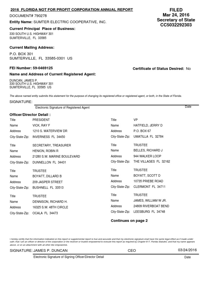 2016 Florida Not for Profit Corporation Annual Report, Sumter Electric
