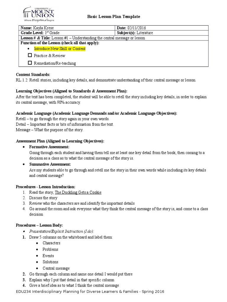 basic lesson plan template literature assignment Educational