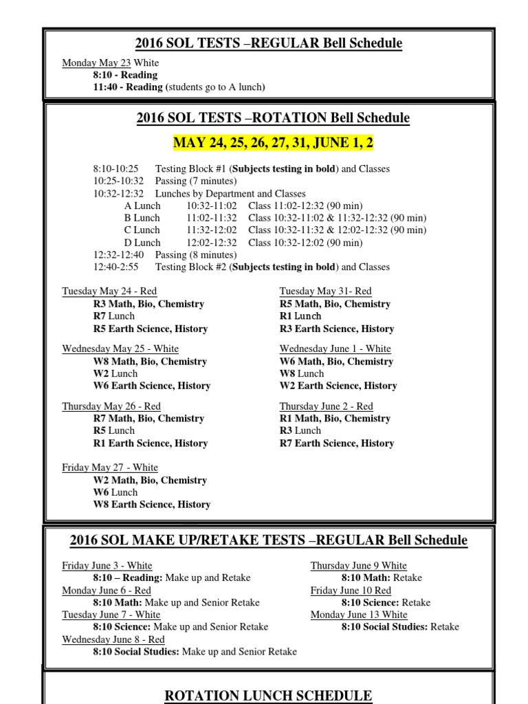 Final Sol Testing Bell Schedule May 2016 | PDF | Cognition