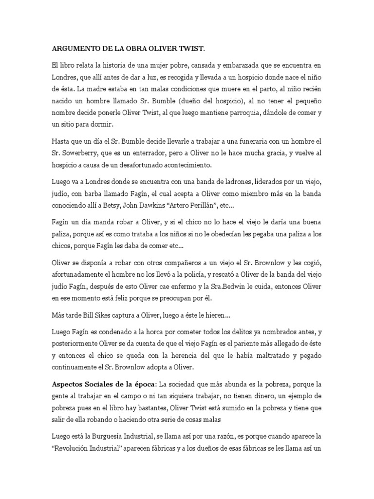ARGUMENTO DE LA OBRA OLIVER TWIST, REvolucion Industrial