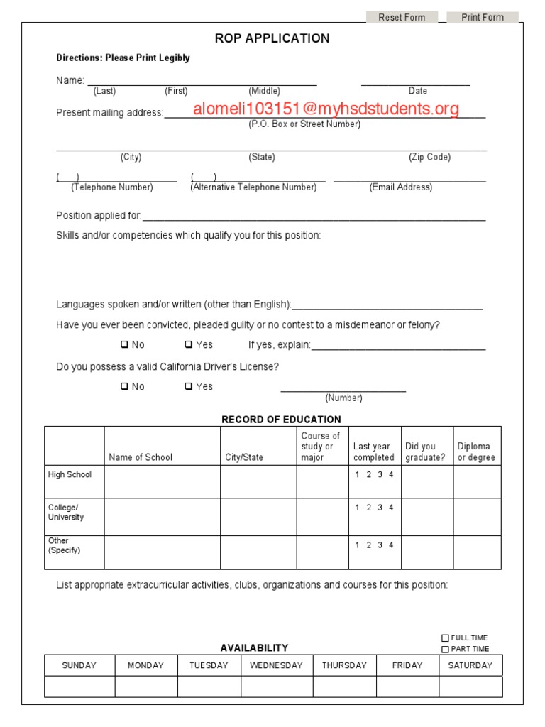 ROP Job Application Form | PDF