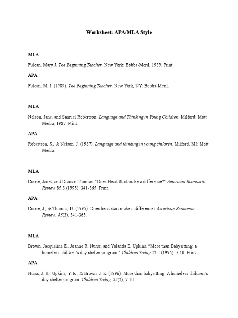 APA and MLA Citation Worksheet | PDF | Language Arts & Discipline ...