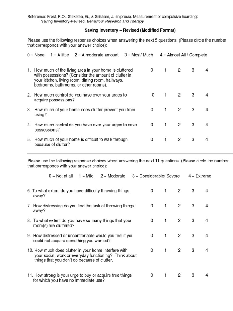 Saving Inventory-Revised Assessment Tool | PDF | Compulsive Hoarding ...