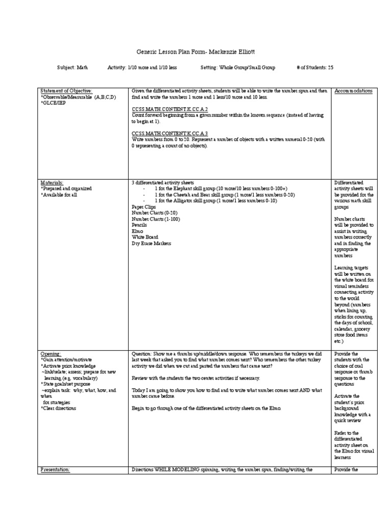 Generic Lesson Plan Form-Mackenzie Elliott: Subject: Math | PDF ...
