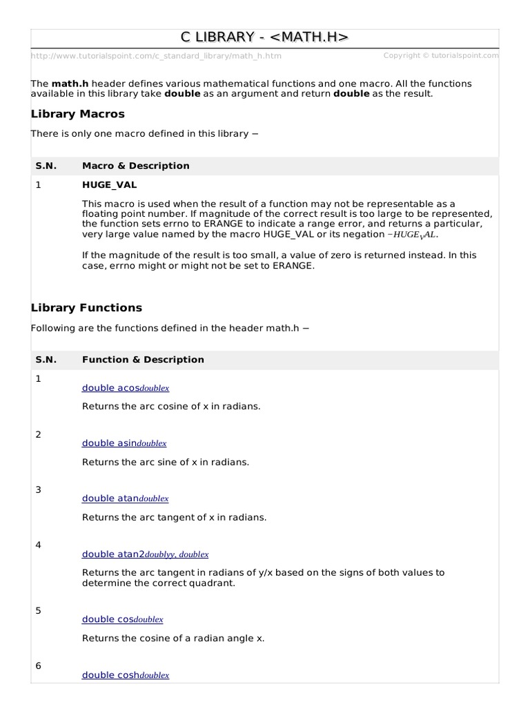 Math.h functions of C language Trigonometric Functions Sine