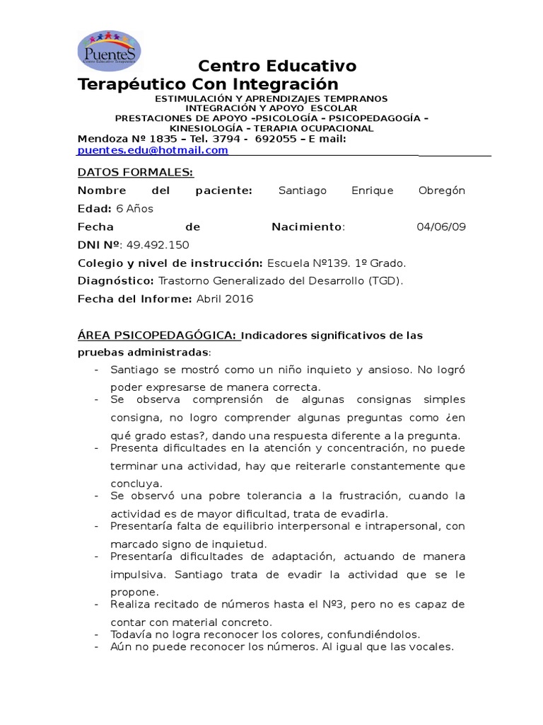 Informe Escolar De Un Niño Con Tgd - Importancia de Niño