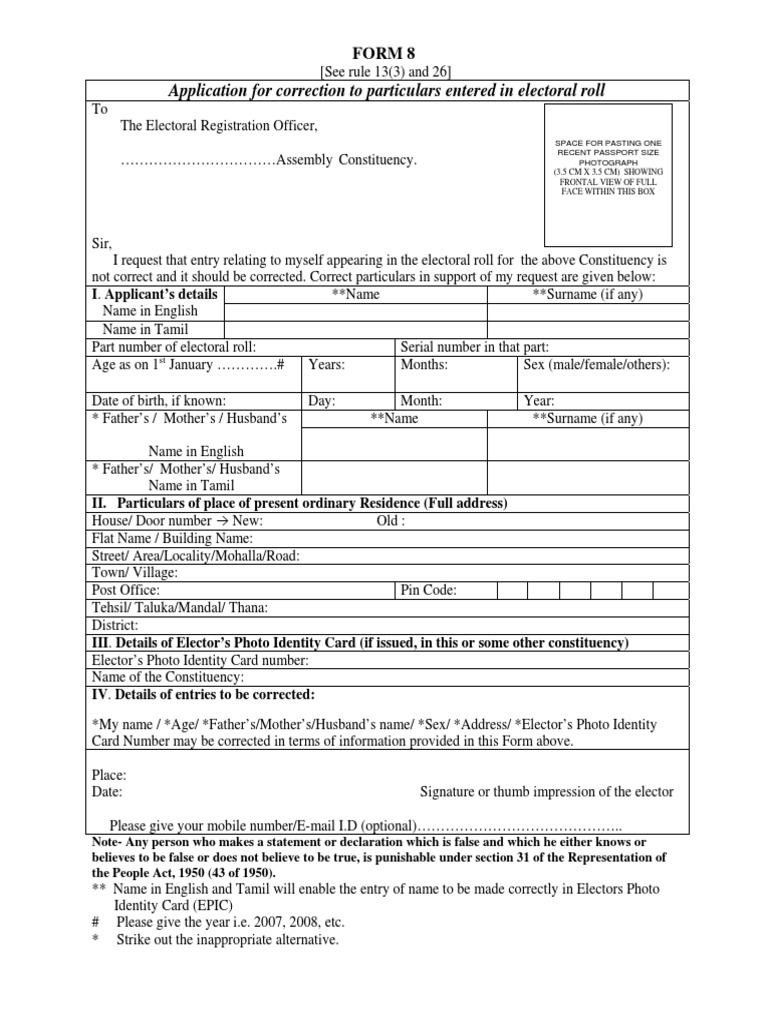 Voter ID Correction Form 8 (English) Identity Document Social