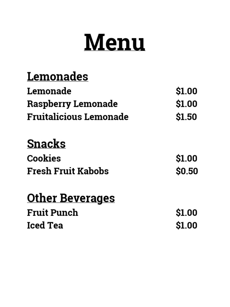 Affordable Lemonade and Snacks Menu | PDF | Lemonade | Drink