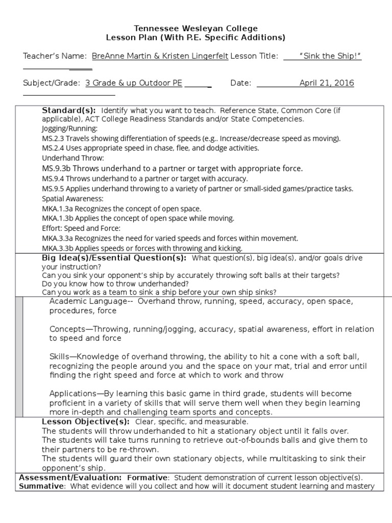 Tennessee Wesleyan College Lesson Plan (With P.E. Specific Additions ...