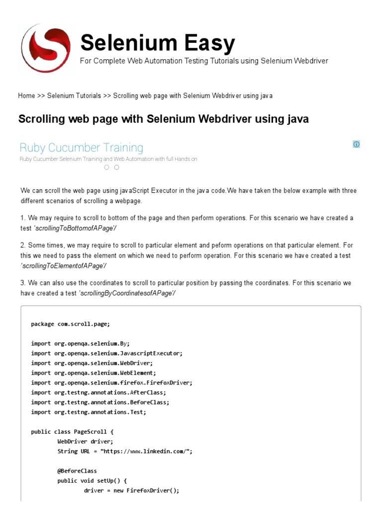 Scrolling Web Page With Selenium Webdriver Using Java - Selenium Easy ...