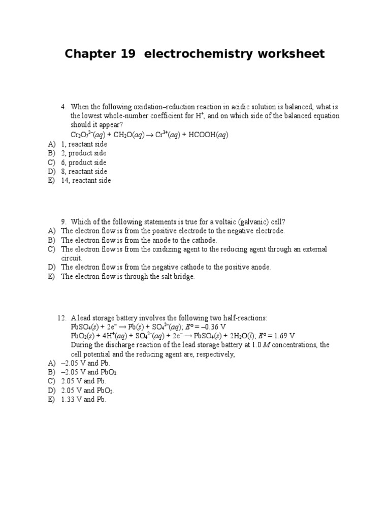 Chapter 19 Electrochemistry Worksheet Electrochemistry Anode