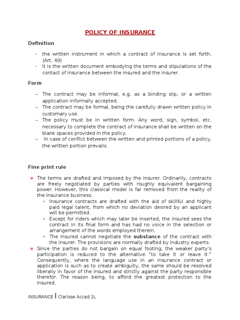 Policy of Insurance Insurance Policy Insurance