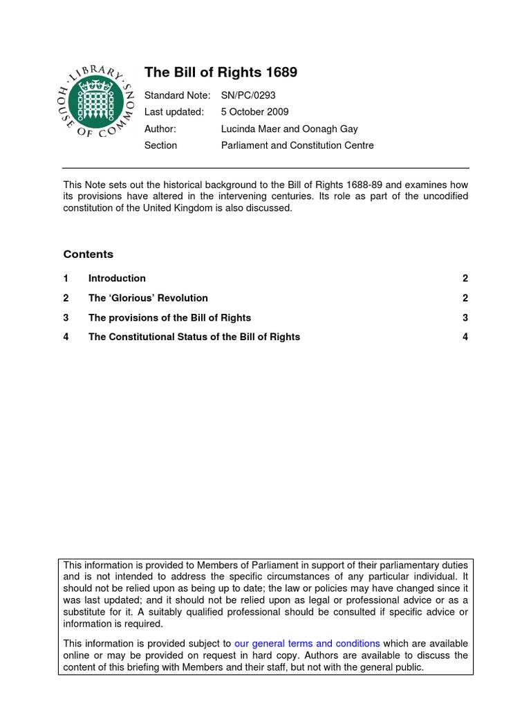 Overview of the 1689 Bill of Rights | PDF | Parliament Of The United ...