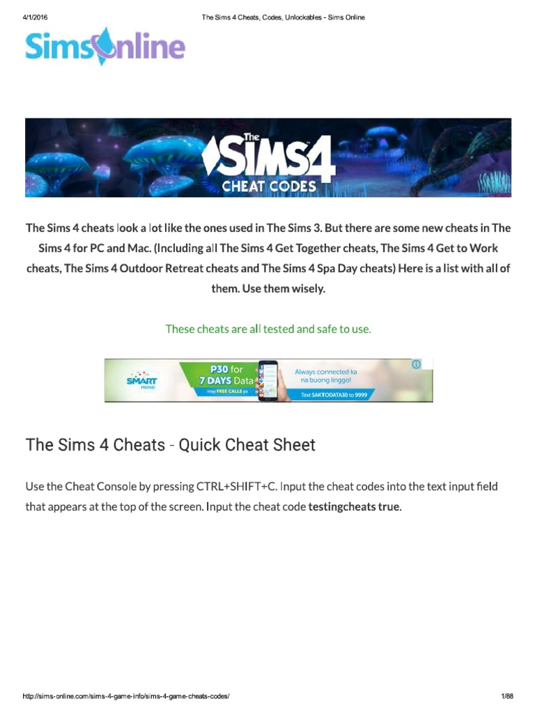 The Sims 4 Cheats, Codes, Unlockables Sims Online PDF