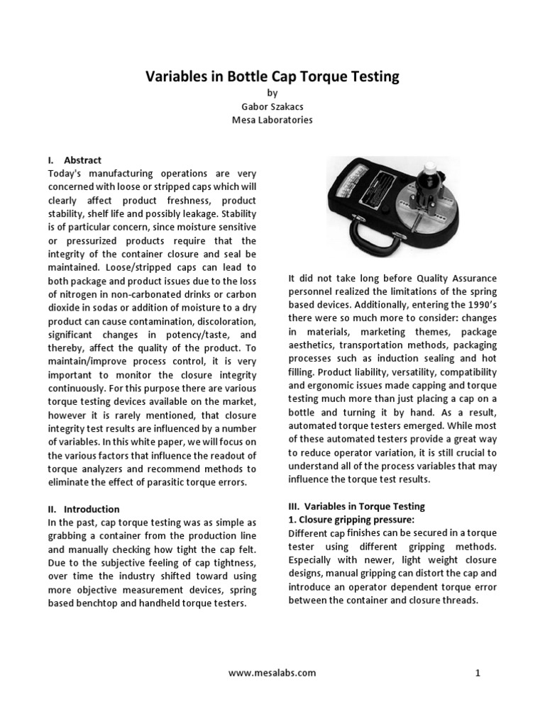 Variables in Bottle Cap Torque Testing | PDF | Sampling (Signal ...