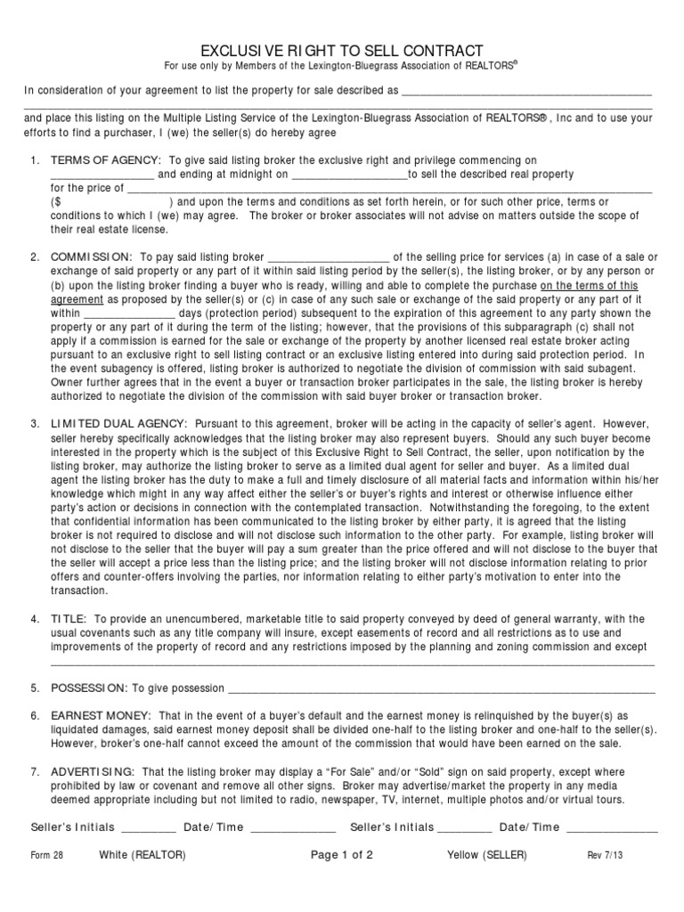 Exclusive Right to Sell Agreement | PDF | Real Estate Broker | Civil ...