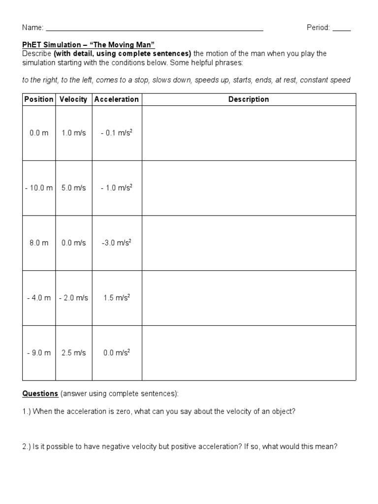 phet moving man worksheet | Acceleration | Velocity