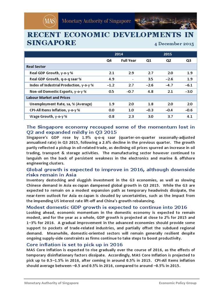 Singapore Economic Outlook Q3 2015 | PDF | Economy Of Asia | Inflation