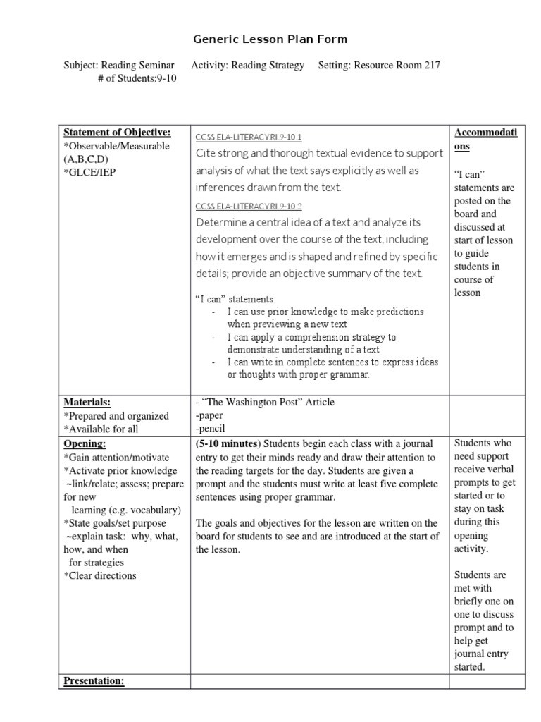 Reading Seminar Lesson Plan Template | PDF | Lesson Plan | Applied ...