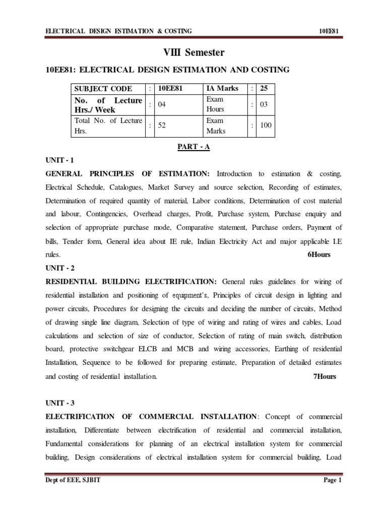 Eee-Viii-electrical Design,Estimation and Costing [10ee81 ... electrical wiring estimating and costing 