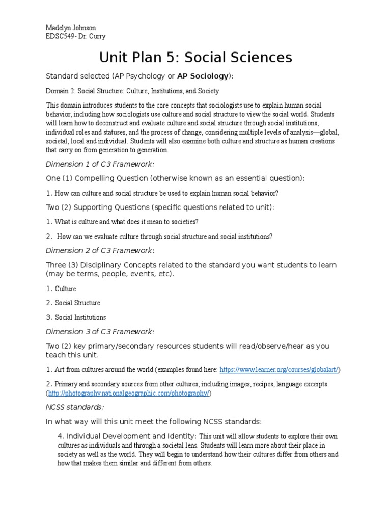 Sociology Unit Plan PDF Social Structure Sociology