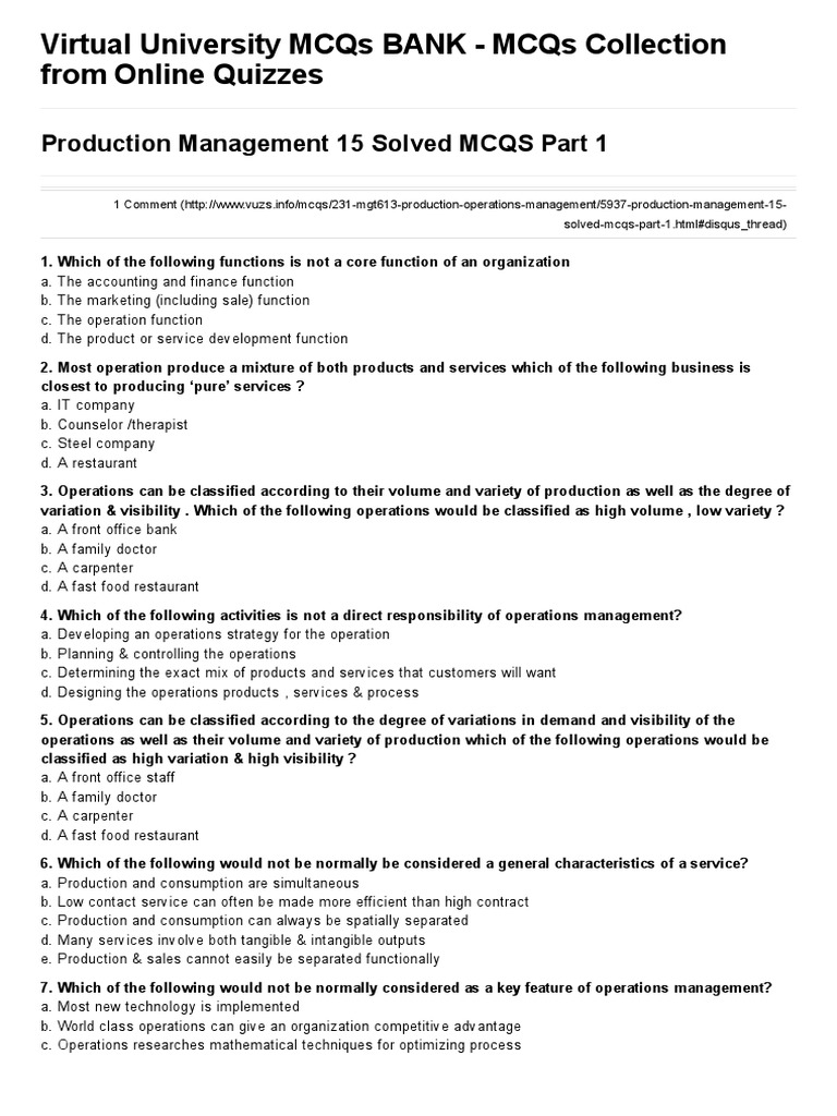 Production Management 15 Solved MCQS Part 1.pdf Operations Management