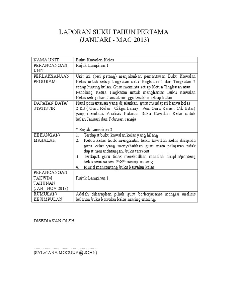 Laporan Suku Tahun Pertama Buku Kawalan Kelas Pdf