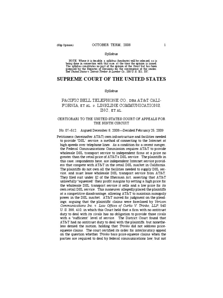 Pacific Bell Telephone v. LINKLINE COMM., 555 U.S. 438 (2009) PDF