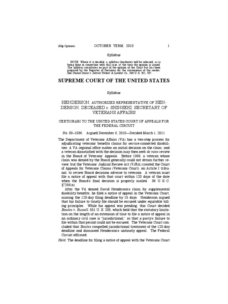 Henderson v. Shinseki, 131 S. Ct. 1197 (2011) Lawsuit United States
