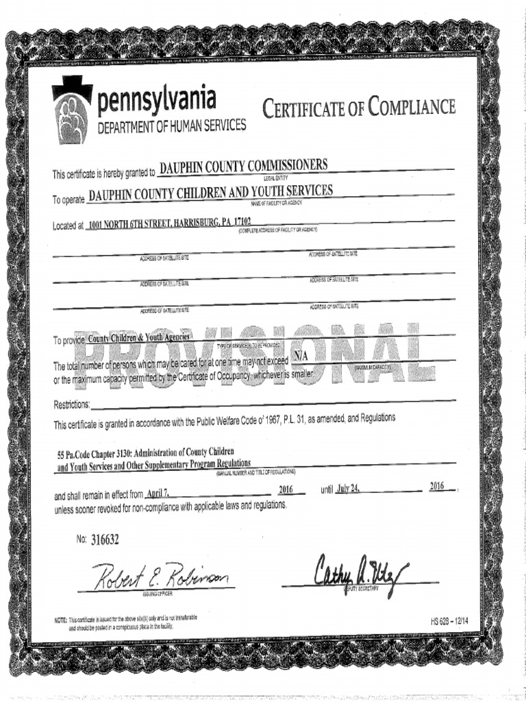 Dauphin County Children and Youth Second Provisional License PDF