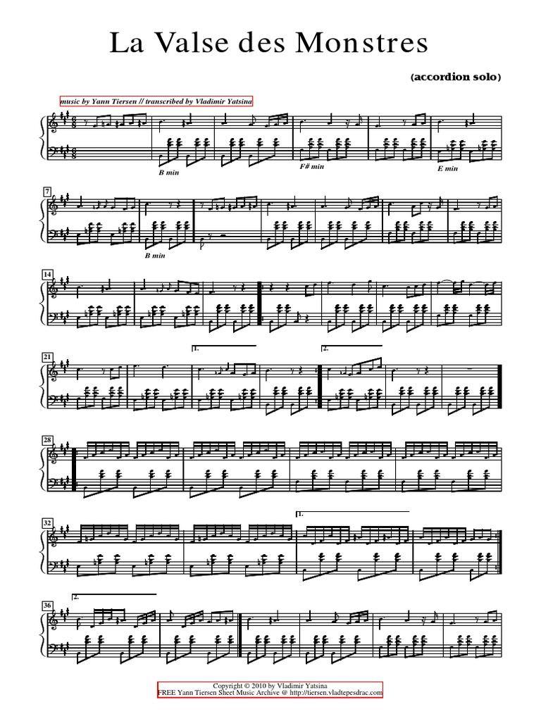 Yann Tiersen La Valse Des Monstres From Amelie For Accordion Solo Complete list of sheet music. yann tiersen la valse des monstres