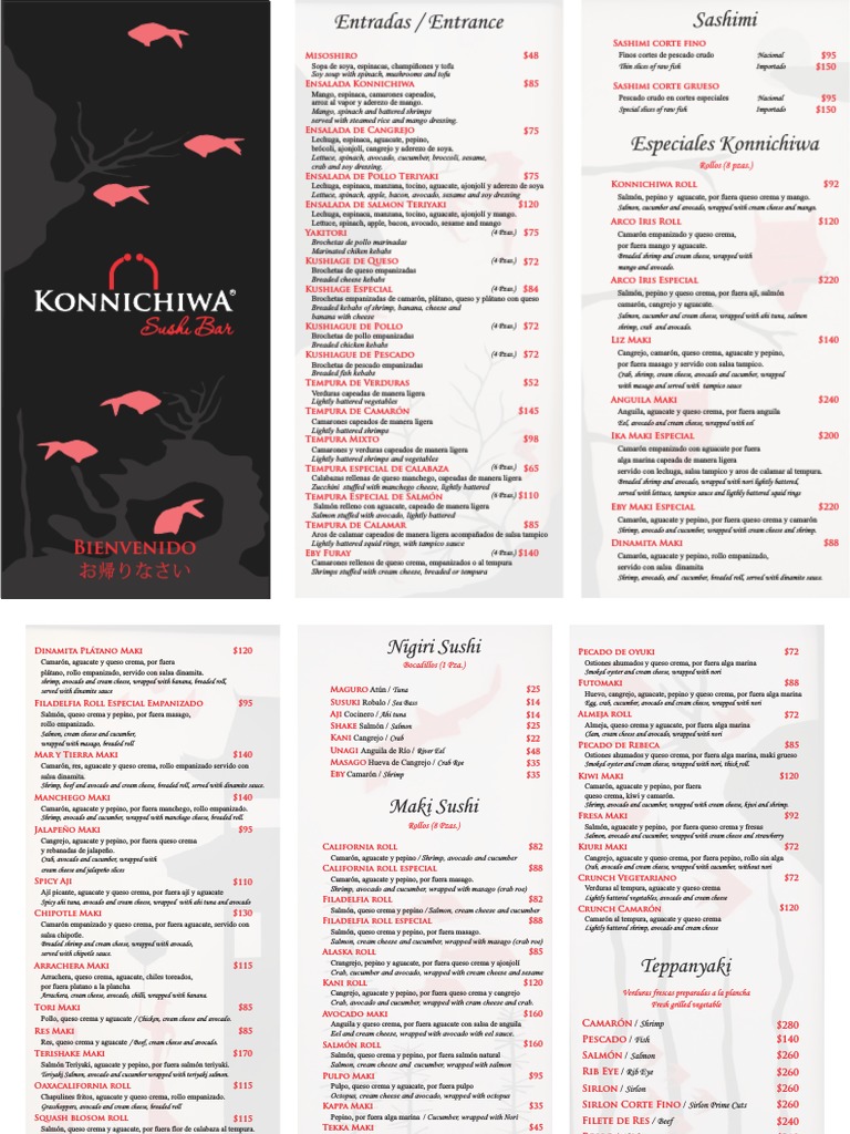 Konnichiwa Sushi Bar Carta  Sushi  Cocina