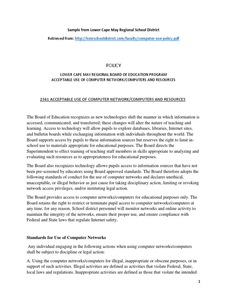 Lower Cape May Computer Use Policy | PDF | Internet | Computer Network