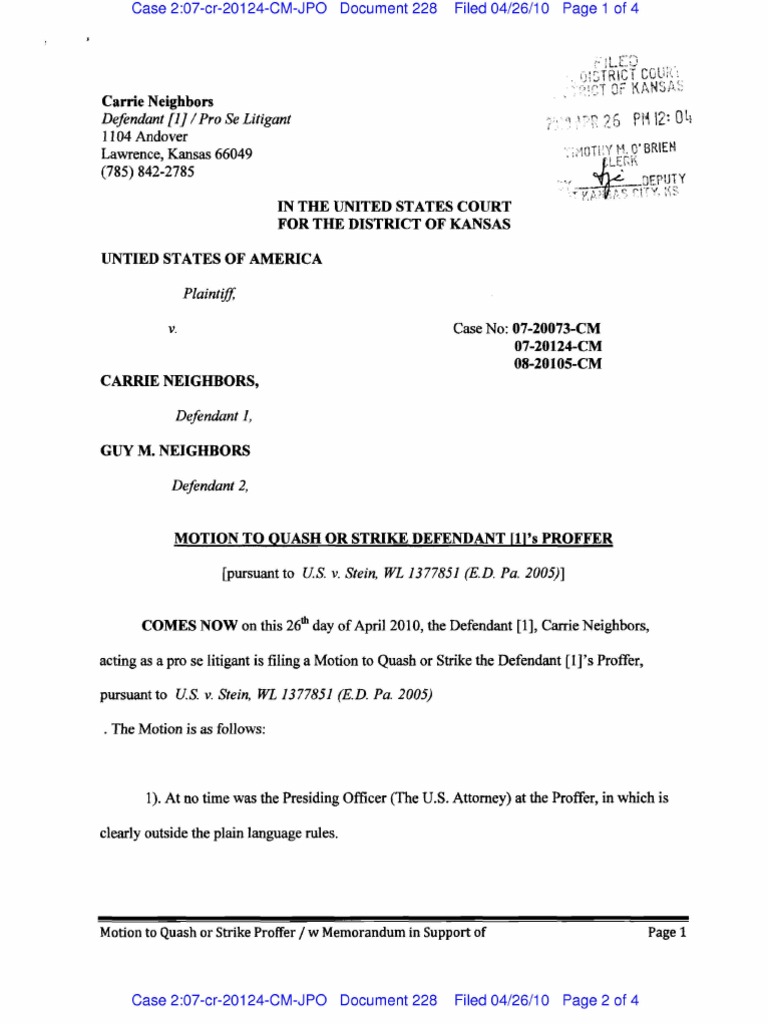 Motion to Quash Defendant's Proffer | PDF | Pro Se Legal Representation ...