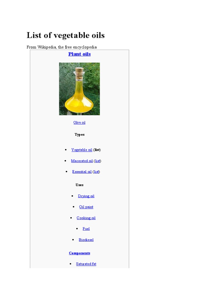 List of Vegetable Oils PDF Vegetable Oil Cooking Oil