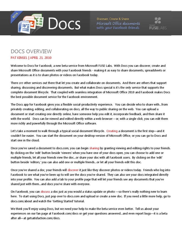 Docs Overview | PDF | Microsoft Office | Facebook