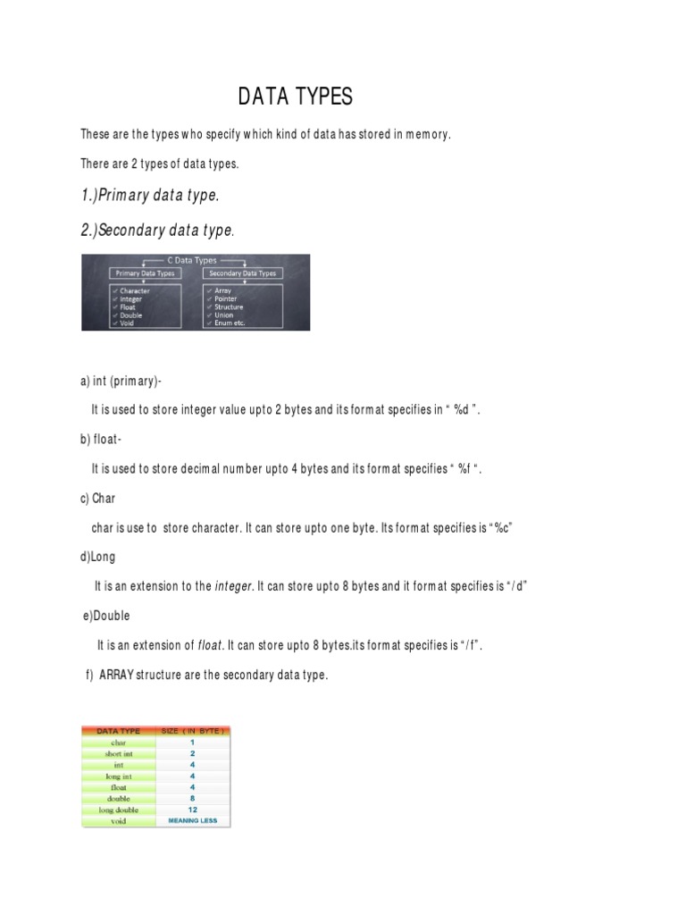 Data Types: 1.) Primary Data Type. 2.) Secondary Data Type | PDF