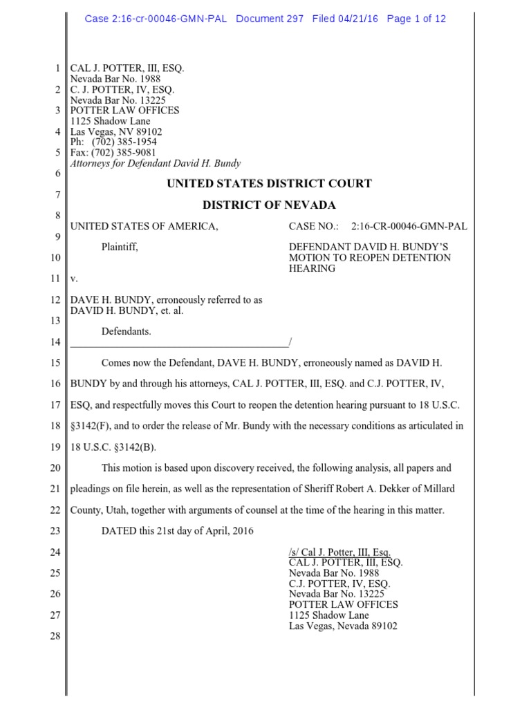 04212016 ECF 297 USA V DAVE BUNDY MOTION For Hearing To Reopen