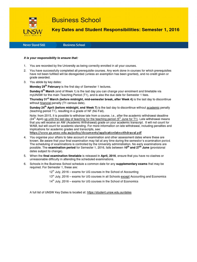 UNSW Key Dates for Semester 1, 2016 | PDF | Business | Finance & Money ...