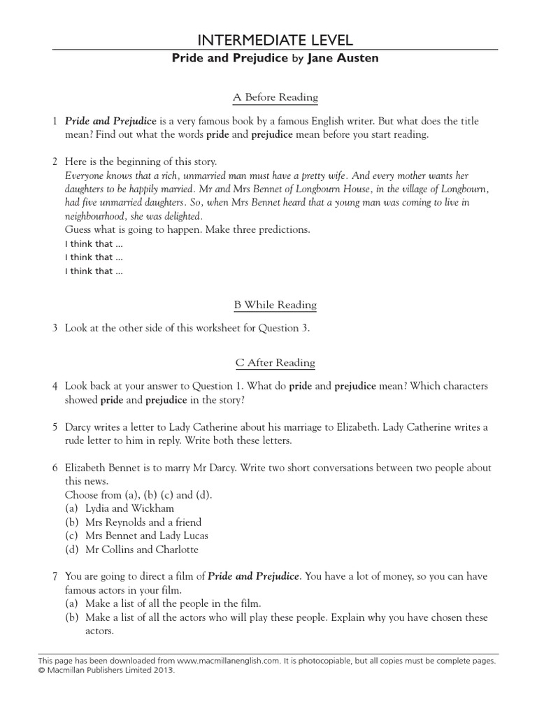 Pride Prejudice Worksheet | Pride And Prejudice | British Novels