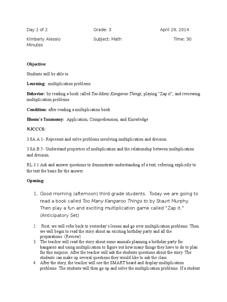 3rd Grade Multiplication Lesson Plan | PDF | Educational Assessment ...