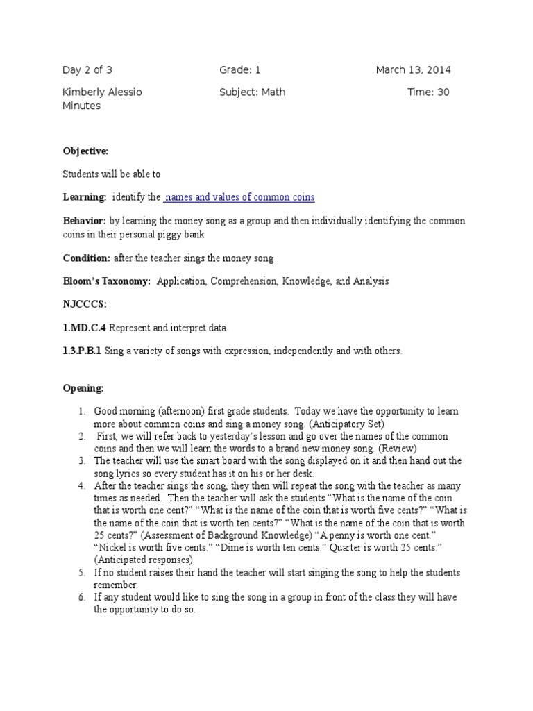 First Grade Lesson Plan Counting Coins Nickel (United States Coin) Coins