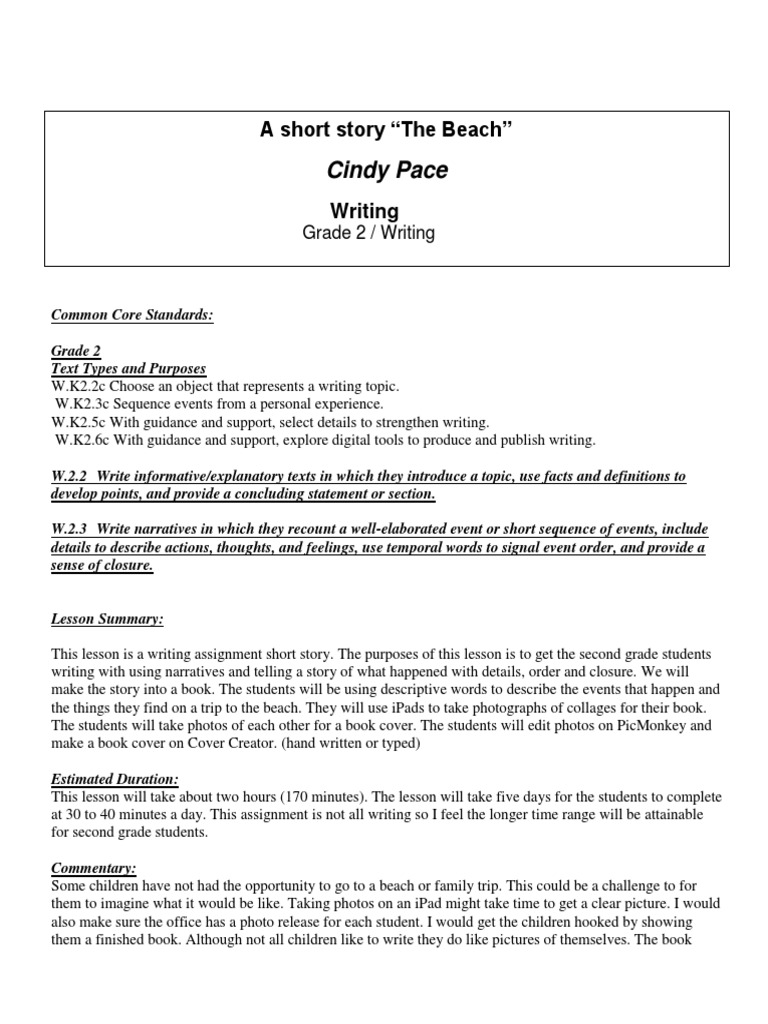 Grade 2 Writing Lesson Plan A Short Story The Beach Books Homework