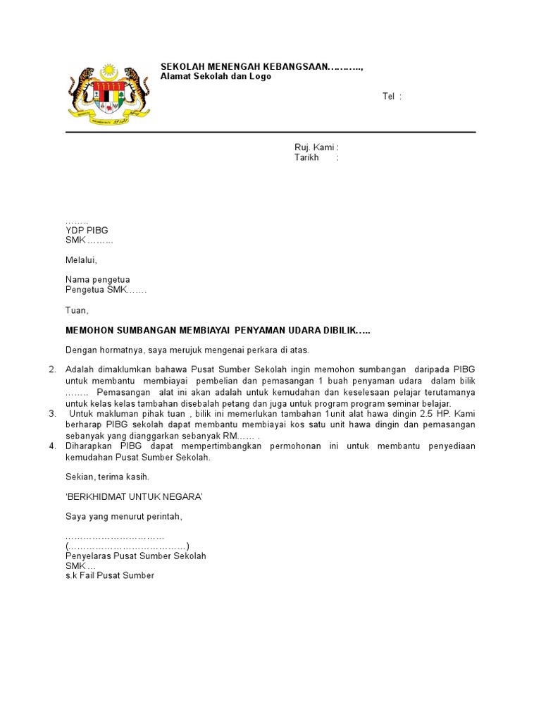 Contoh Surat Pibg Sumbang Penghawa Dingin.ke.sekolah