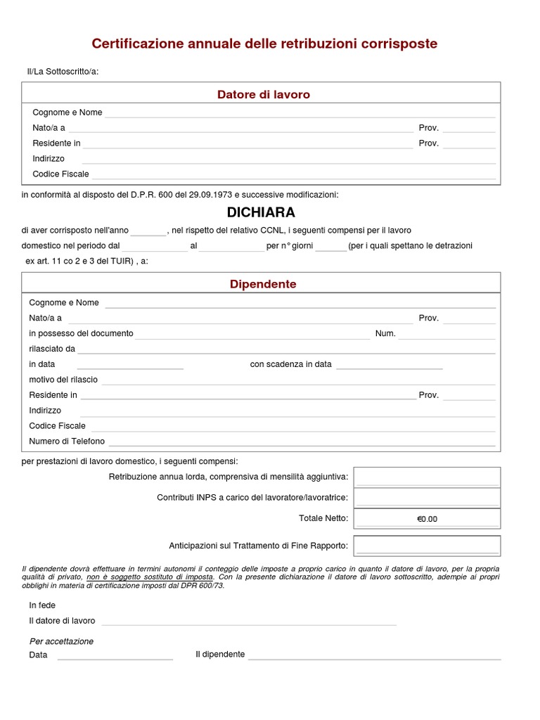 Modulo Certificazione Annuale Dei Redditi Corrisposti Colf