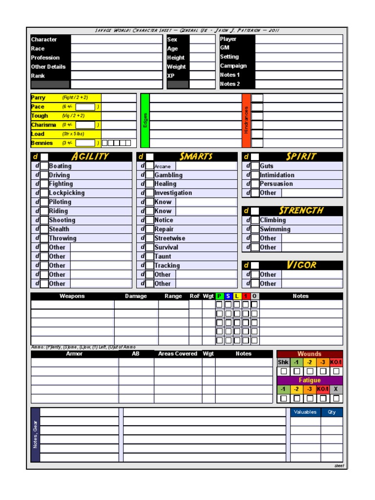 Savageworldscharsheet Fillable | PDF | Leisure Activities | Role ...