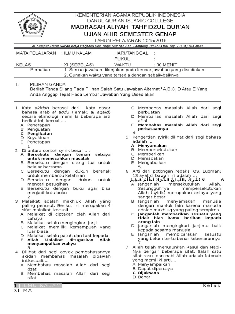 Ilmu Kalam 11 Acak Jawaban